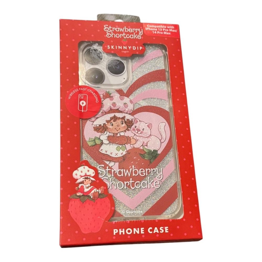 Strawberry Shortcake 13 Pro Max 14 Pro Max Silver Glitter Heart Phone Case